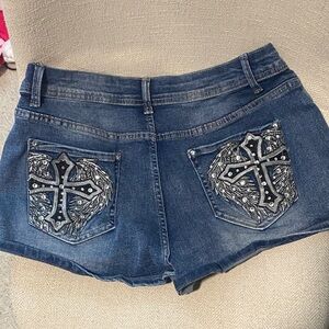 Denim Women’s Shorts with Embroidered Pocket Cross Detail - Blue